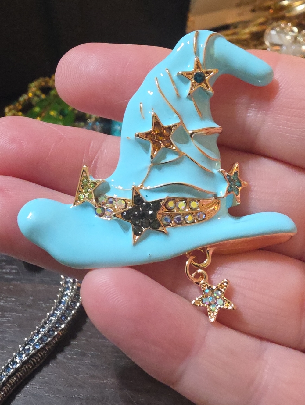 A172- Turquoise Enamel Wizard Hat Brooch with Gold Stars